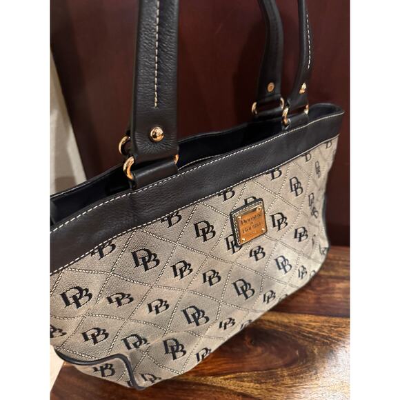 Dooney & Bourke Black Gray Canvas Double Top Handle Logo Satchel Bag - Picture 2 of 8